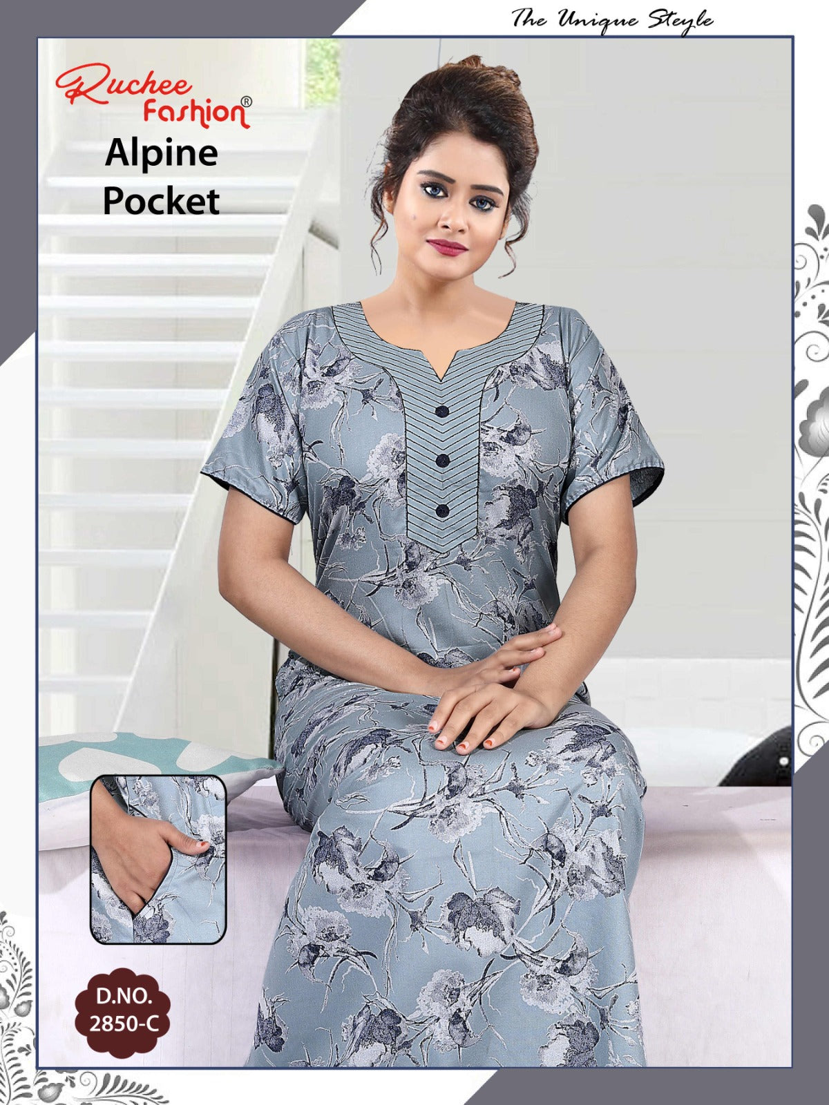 अल्पाइन पॉकेट 150325 रुची फैशन नाइट गाउन सप्लायर