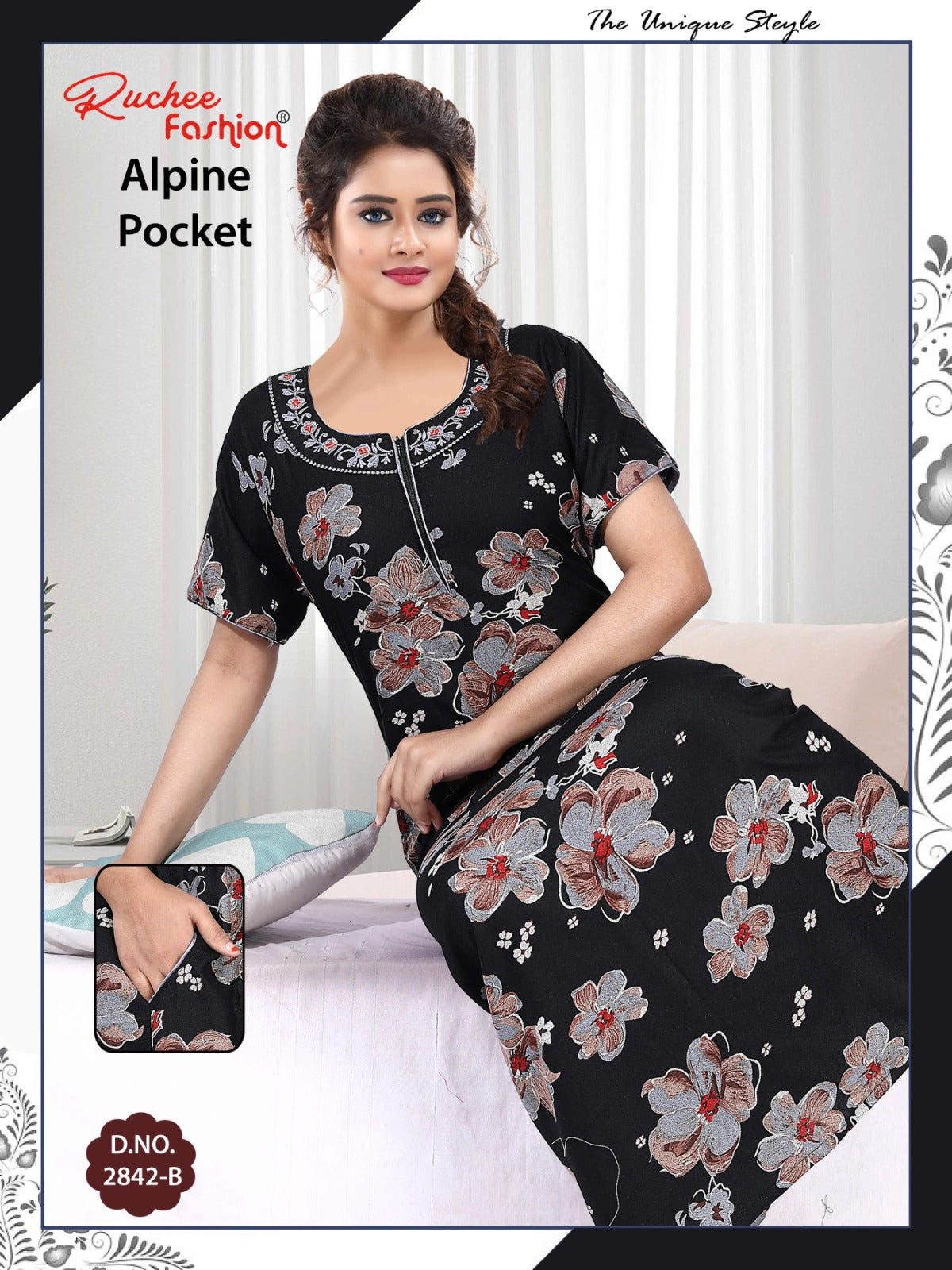 अल्पाइन पॉकेट 150325 रुची फैशन नाइट गाउन सप्लायर