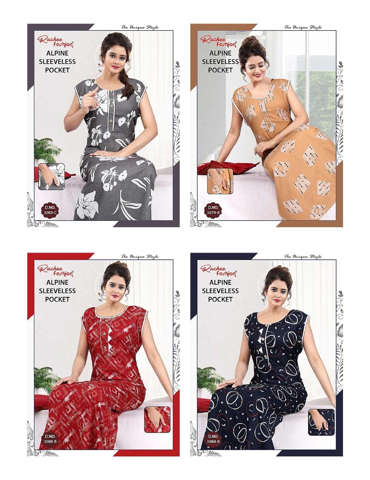 Alpine Sleeveless Ruchee Fashion Night Gowns Wholesale Price