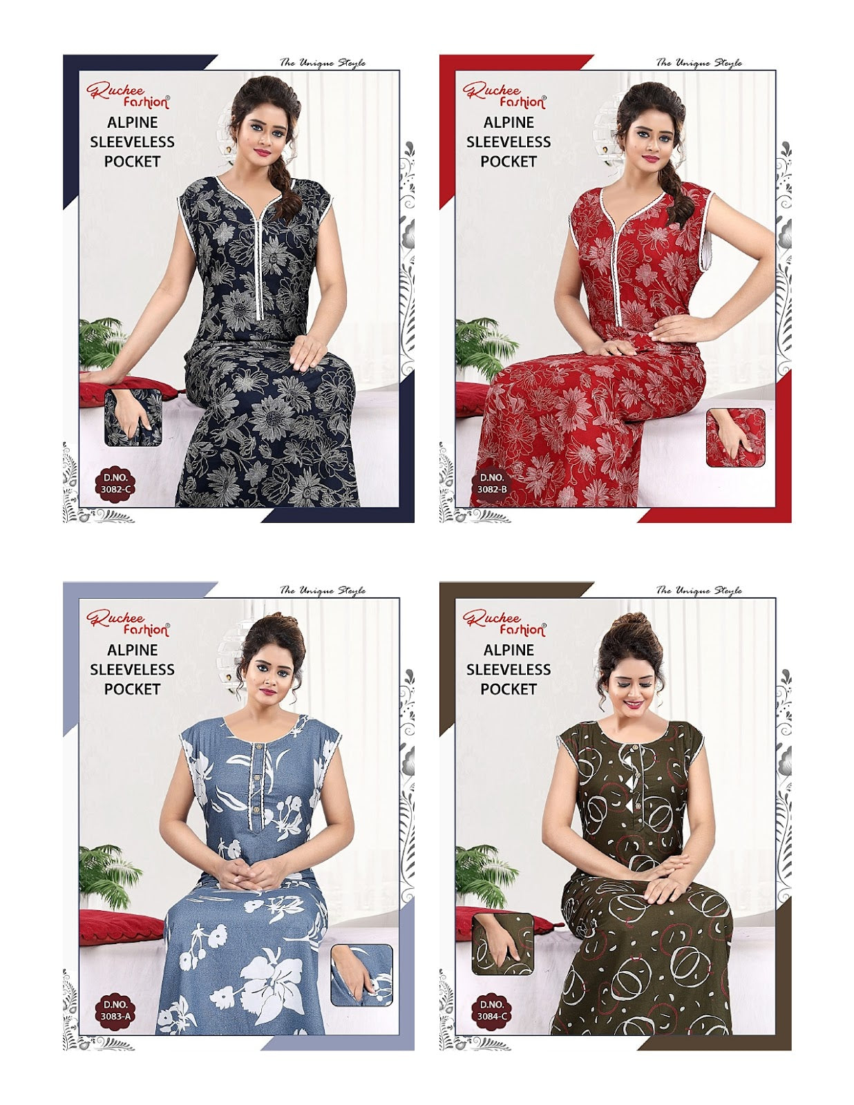 Alpine Sleeveless Ruchee Fashion Night Gowns Wholesale Price