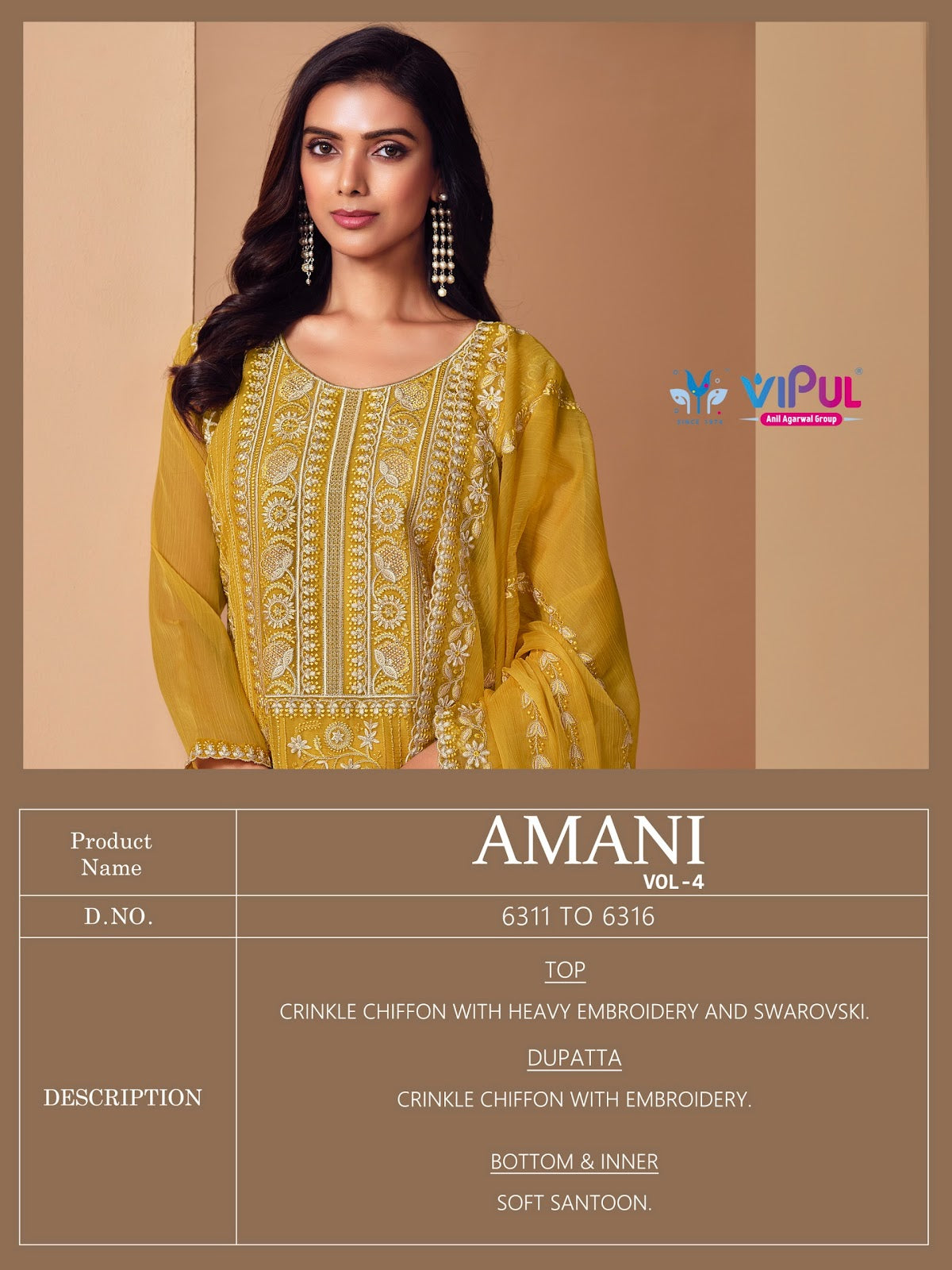 Amani Vol 4 Vipul Chiffon Pant Style Suits Wholesaler Gujarat
