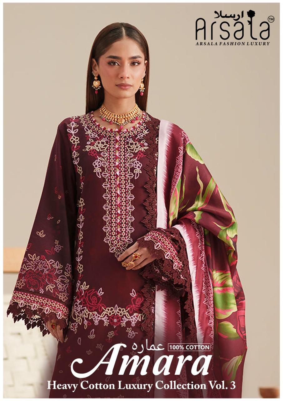 Amara Vol 3 Cotton Luxury Collection Arsala Fashion Lawn Karachi Salwar Suits Wholesaler Gujarat