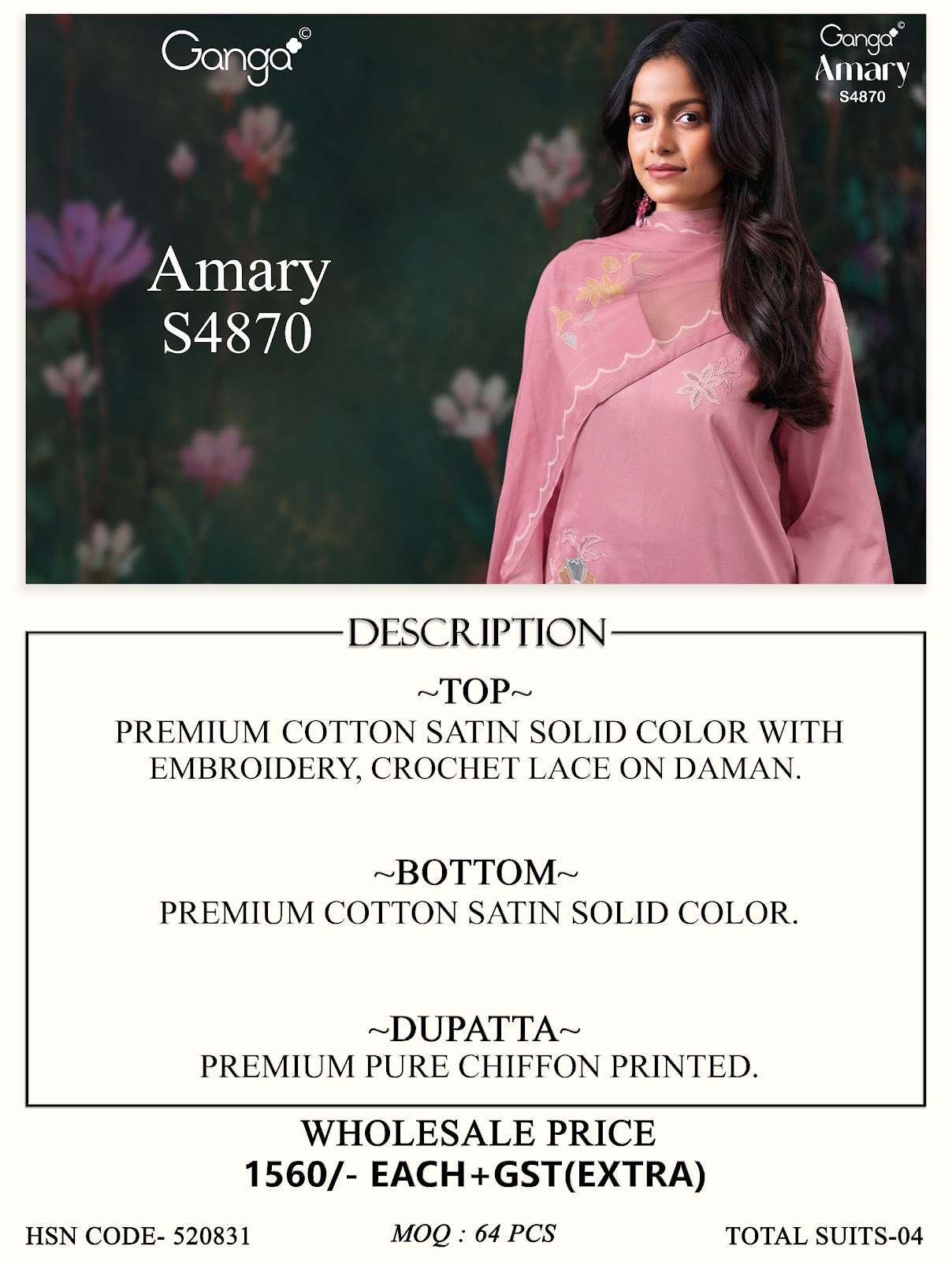 Amary S4870 Ganga Cotton Satin Plazzo Style Suits Wholesaler Gujarat