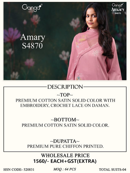 Amary S4870 Ganga Cotton Satin Plazzo Style Suits Wholesaler Gujarat