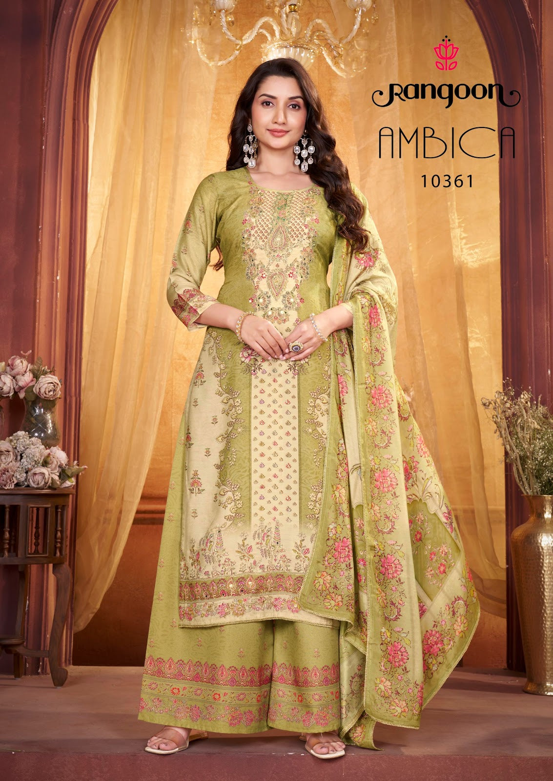 Ambica Rangoon Muslin Readymade Plazzo Style Suits Supplier India