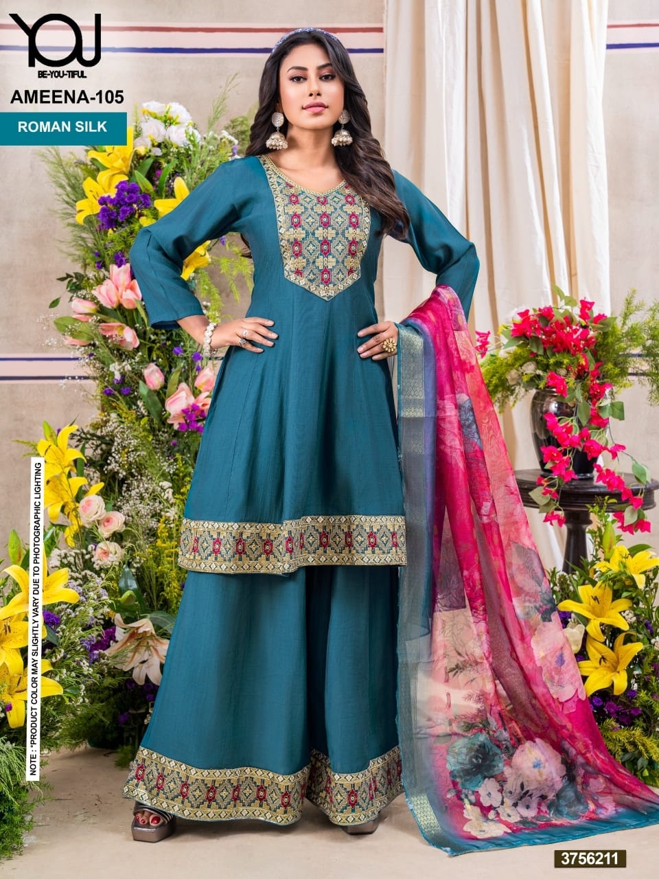 Ameena 105 You Roman Silk Readymade Plazzo Style Suits Manufacturer