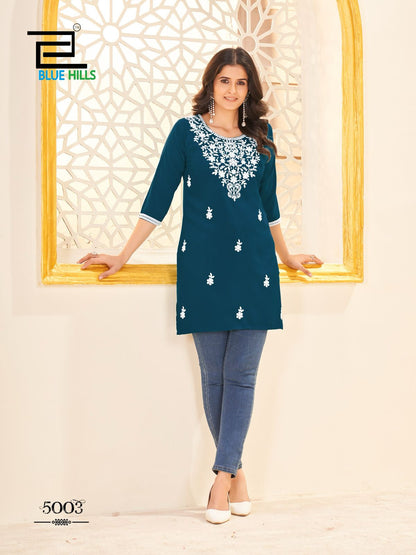 Amelia Vol 5 Blue Hills Rayon 14Kg Short Kurtis Supplier Ahmedabad