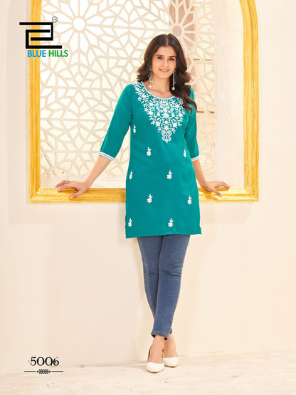 Amelia Vol 5 Blue Hills Rayon 14Kg Short Kurtis Supplier Ahmedabad