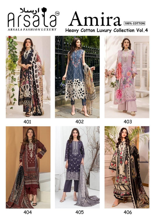 Amira Vol 4 Heavy Cotton Luxury Collection Arsala Fashion Lawn Karachi Salwar Suits Supplier India