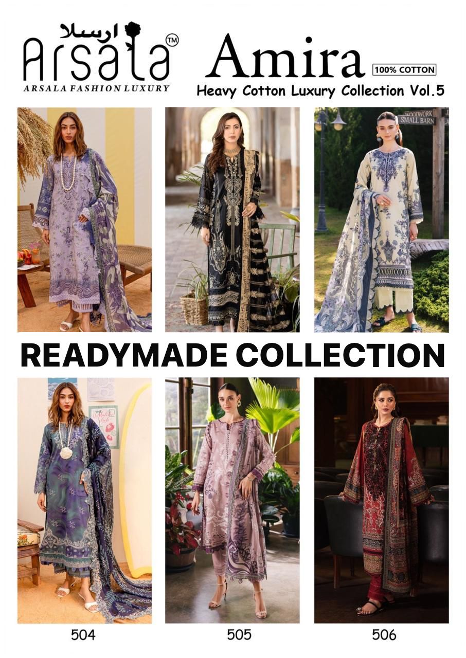 Amira Vol 5 Heavy Cotton Luxury Collection Arsala Fashion Heavy Lawn Karachi Readymade Suits Manufacturer India