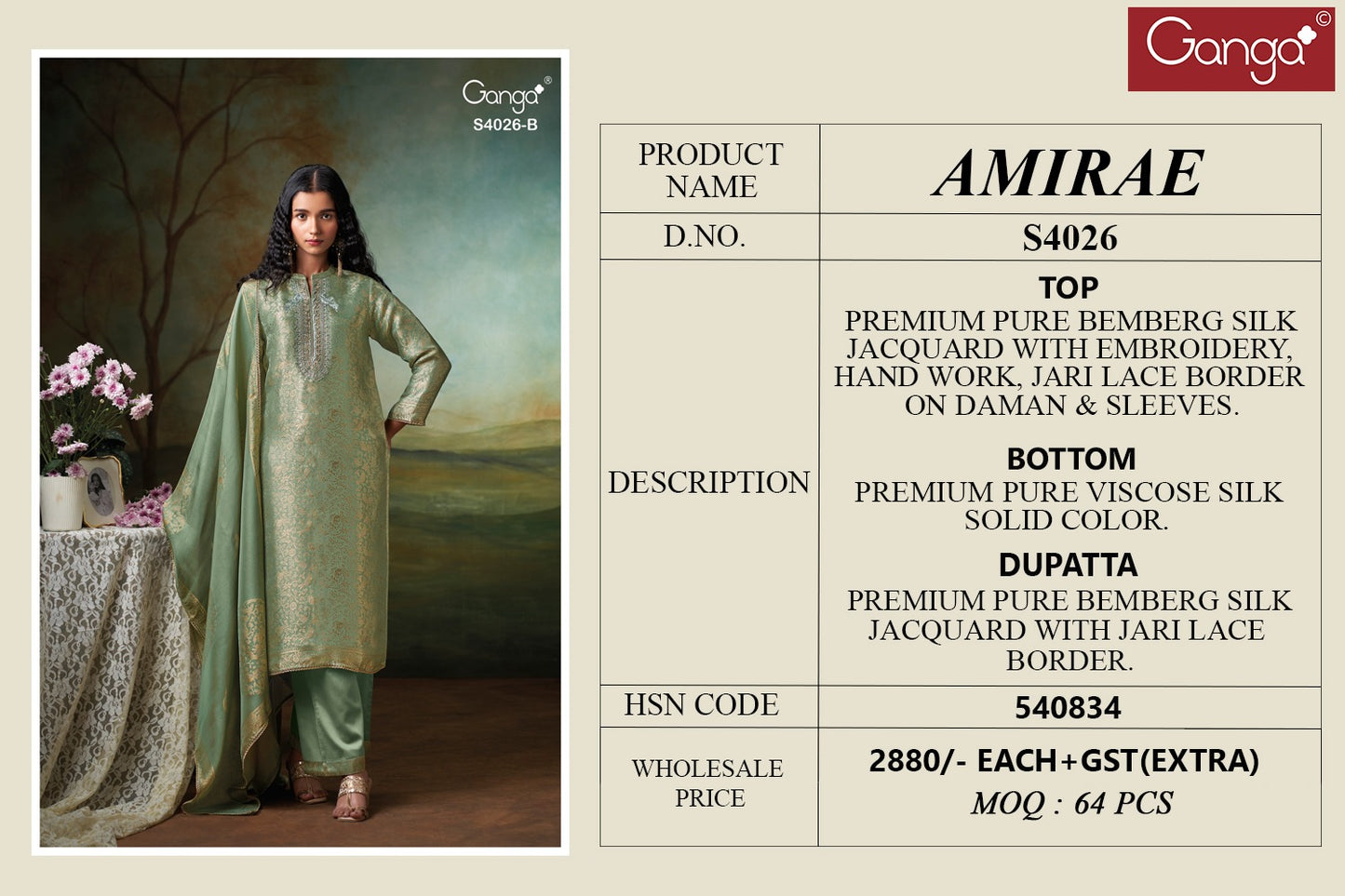 Amirae 4026 Ganga Premium Bemberg Plazzo Style Suits Exporter India