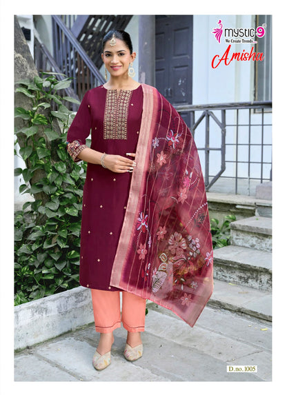 Amisha Vol 1 Mystic 9 Roman Silk Readymade Pant Style Suits Exporter