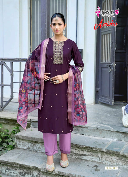 Amisha Vol 1 Mystic 9 Roman Silk Readymade Pant Style Suits Exporter