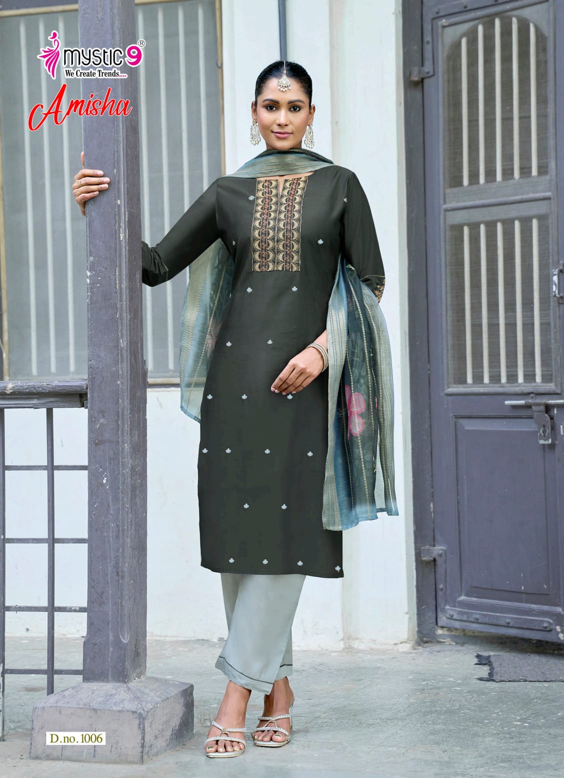 Amisha Vol 1 Mystic 9 Roman Silk Readymade Pant Style Suits Exporter