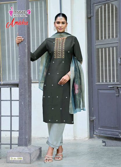Amisha Vol 1 Mystic 9 Roman Silk Readymade Pant Style Suits Exporter