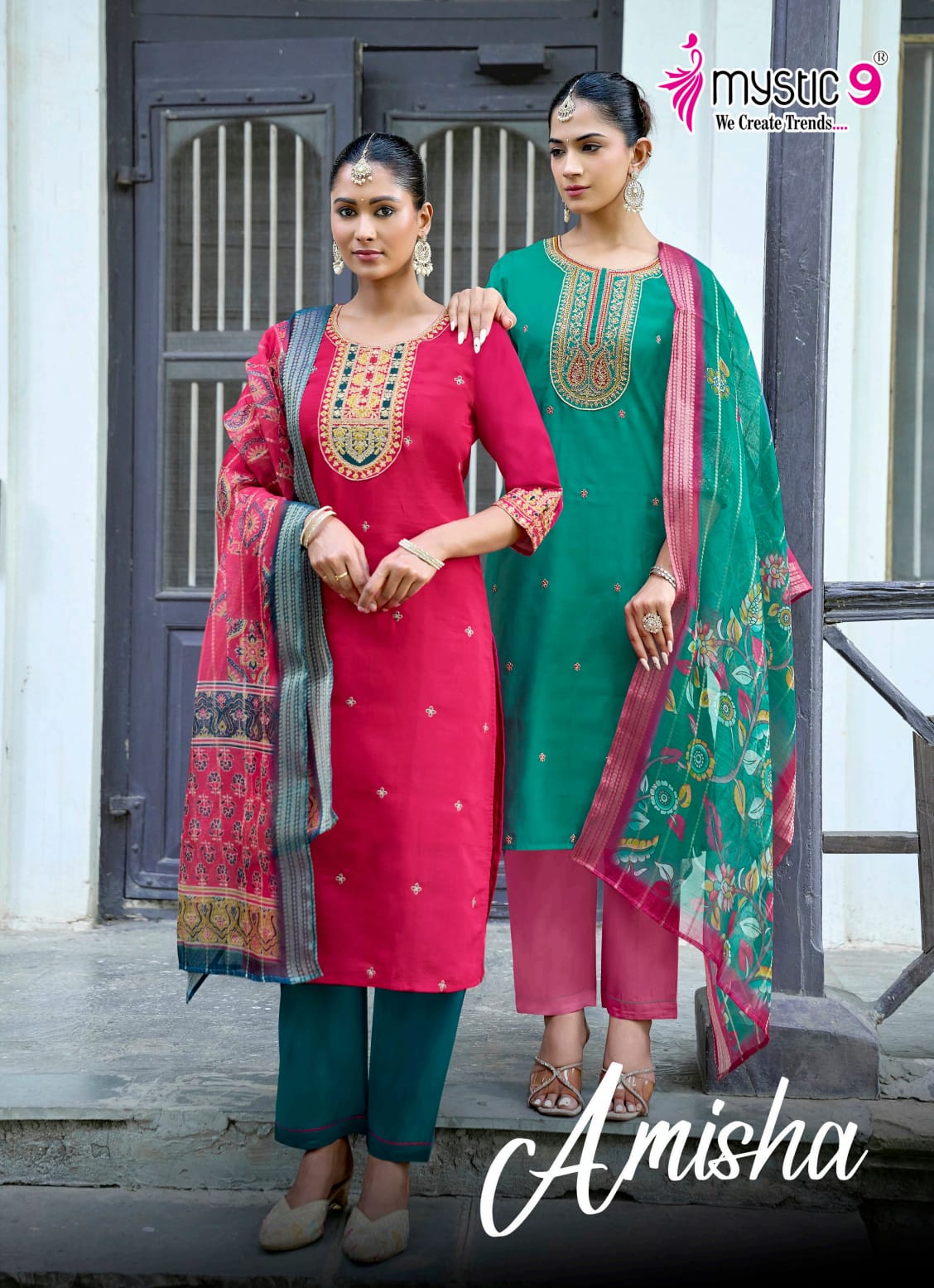 Amisha Vol 1 Mystic 9 Roman Silk Readymade Pant Style Suits Exporter