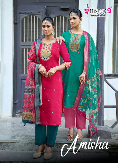 Amisha Vol 1 Mystic 9 Roman Silk Readymade Pant Style Suits Exporter