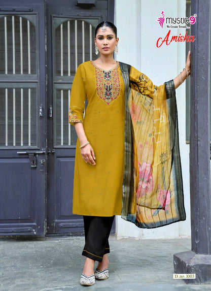 Amisha Vol 1 Mystic 9 Roman Silk Readymade Pant Style Suits Exporter