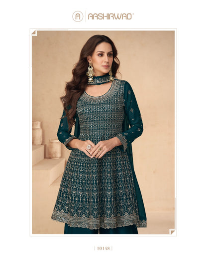 Amrita Aashirwad Creation Chinon Silk Readymade Plazzo Style Suits Wholesaler Ahmedabad