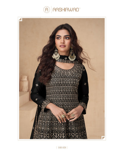 Amrita Aashirwad Creation Chinon Silk Readymade Plazzo Style Suits Wholesaler Ahmedabad