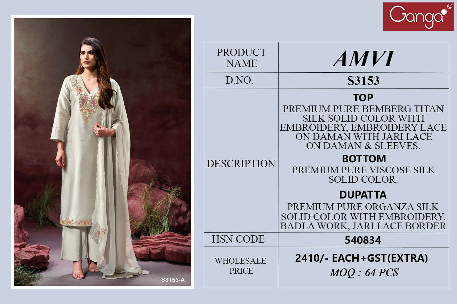 Amvi 3153 Ganga Premium Bemberg Plazzo Style Suits Exporter Gujarat