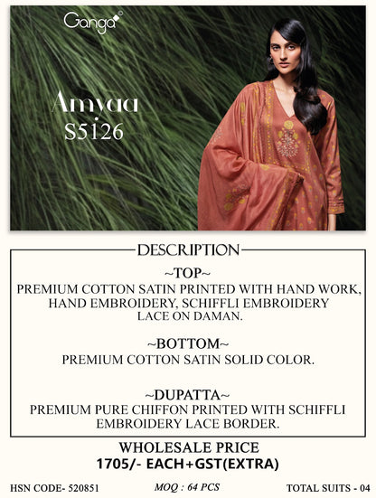 Amyaa S5126 Ganga Cotton Satin Plazzo Style Suits Wholesale Price