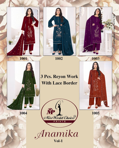Anamika Vol 1 Miss World Choice Rayon Pant Style Suits Supplier Gujarat