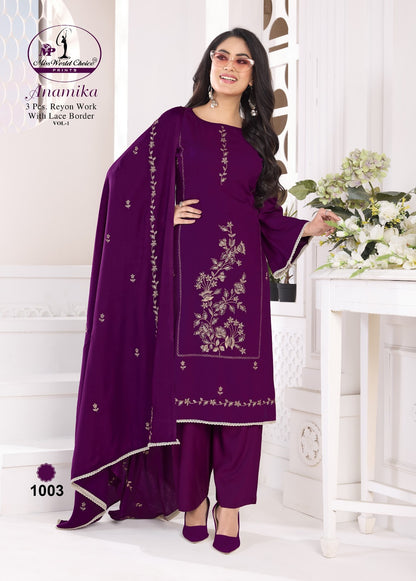 Anamika Vol 1 Miss World Choice Rayon Pant Style Suits Supplier Gujarat