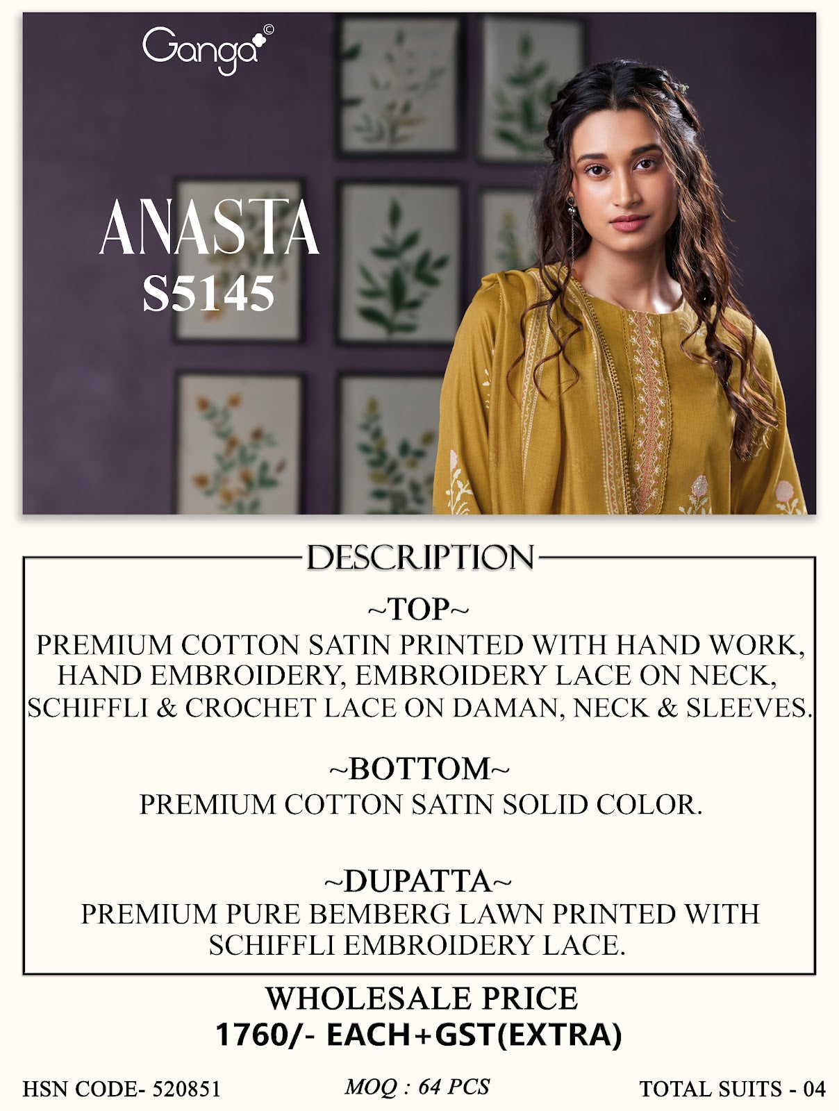 Anasta S5145 Ganga Cotton Satin Pant Style Suits Manufacturer India