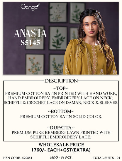 Anasta S5145 Ganga Cotton Satin Pant Style Suits Manufacturer India