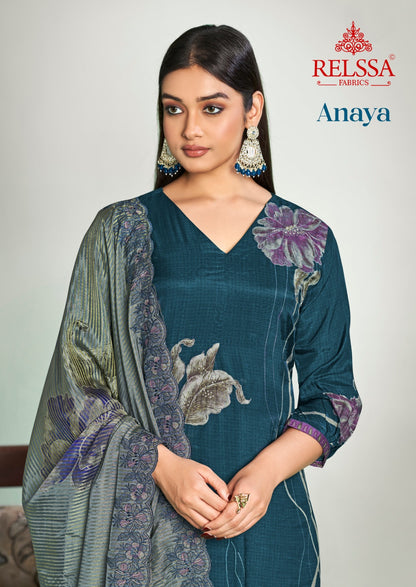 Anaya Relssa Fabrics Muslin Pant Style Suits Wholesaler Gujarat
