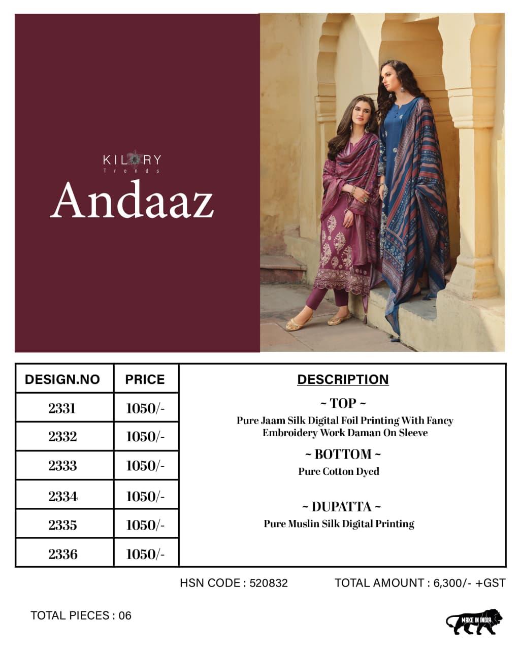 Andaaz Kilory Jam Cotton Pant Style Suits Manufacturer Gujarat