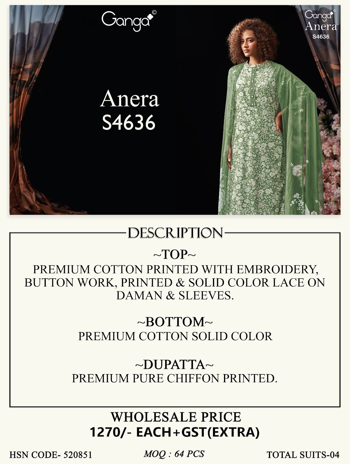 Anera 4636 Ganga Cotton Plazzo Style Suits Supplier Gujarat