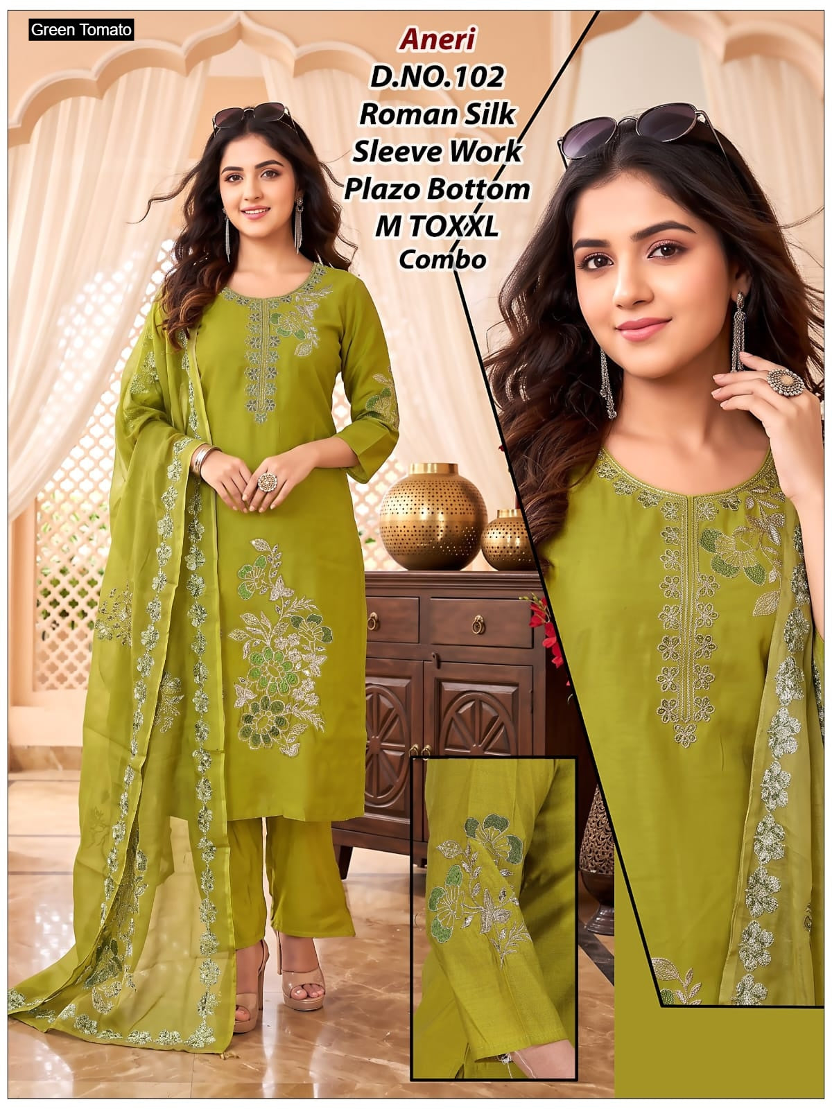 Aneri Green Tomato Roman Silk Readymade Pant Style Suits Manufacturer India