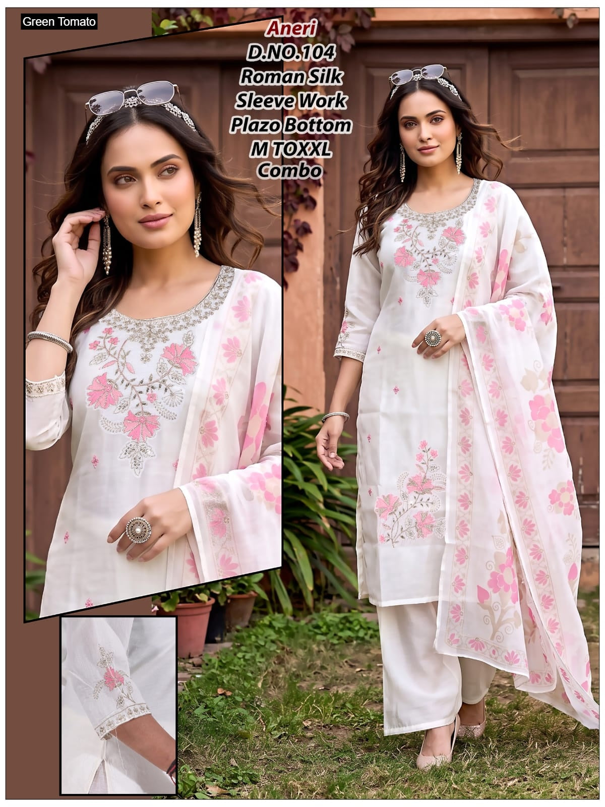 Aneri Green Tomato Roman Silk Readymade Pant Style Suits Manufacturer India