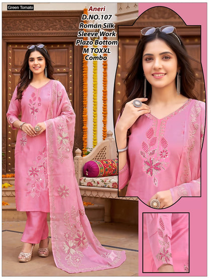 Aneri Green Tomato Roman Silk Readymade Pant Style Suits Manufacturer India