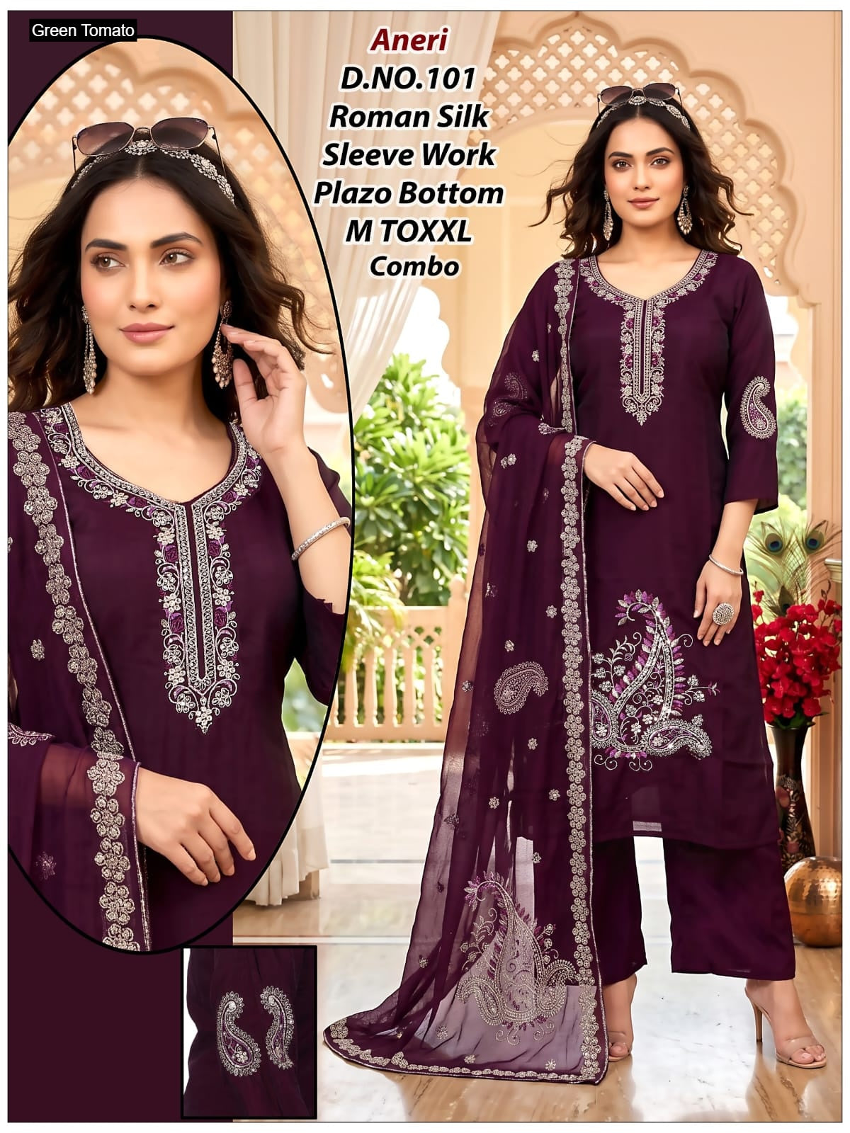 Aneri Green Tomato Roman Silk Readymade Pant Style Suits Manufacturer India