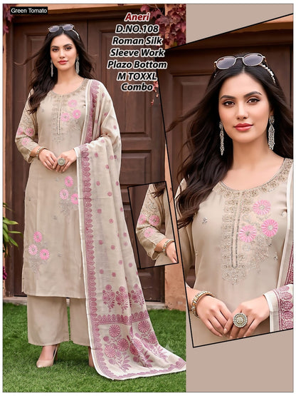 Aneri Green Tomato Roman Silk Readymade Pant Style Suits Manufacturer India