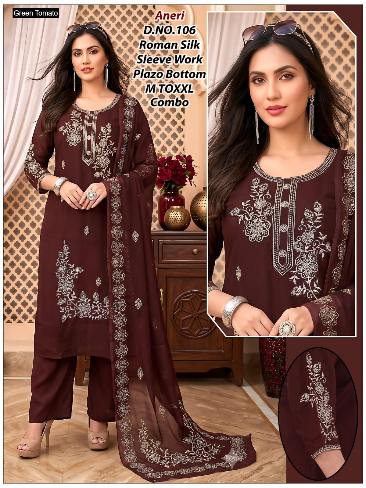 Aneri Green Tomato Roman Silk Readymade Pant Style Suits Manufacturer India