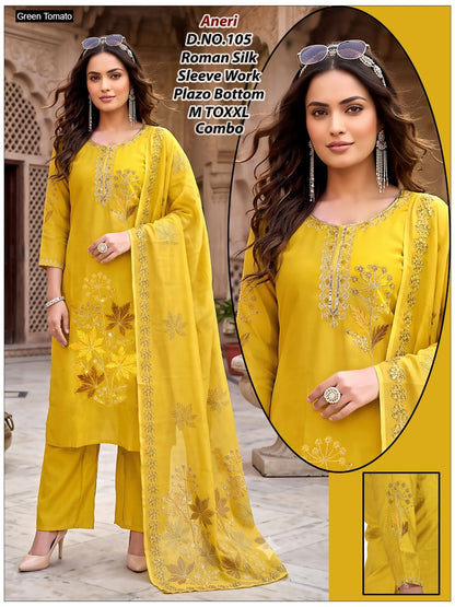 Aneri Green Tomato Roman Silk Readymade Pant Style Suits Manufacturer India