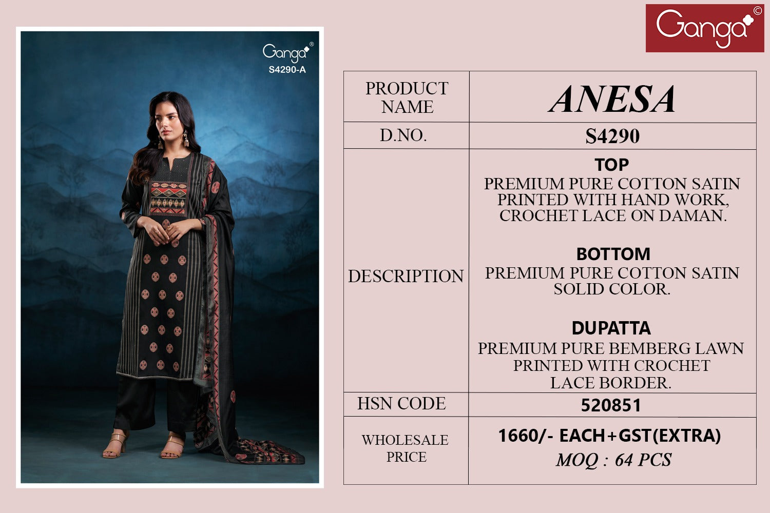 Anesa 4290 Ganga Cotton Satin Pant Style Suits Wholesale Price