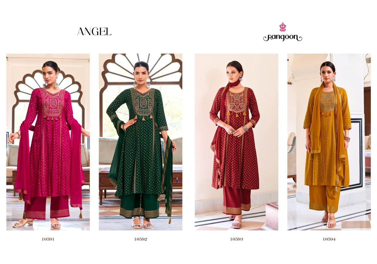 Angel Rangoon Rayon Readymade Plazzo Style Suits Wholesaler Ahmedabad