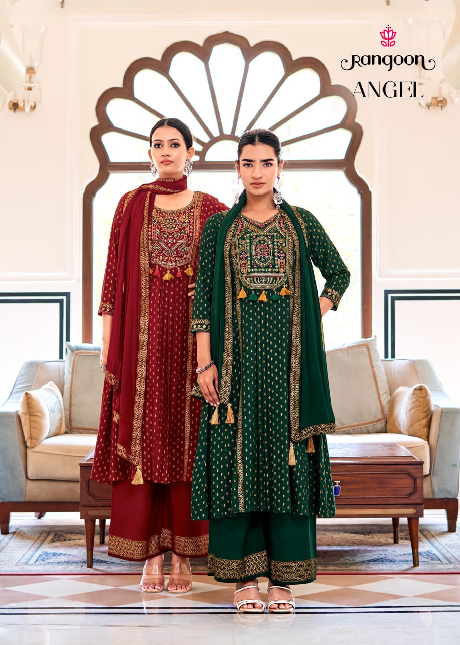 Angel Rangoon Rayon Readymade Plazzo Style Suits Wholesaler Ahmedabad