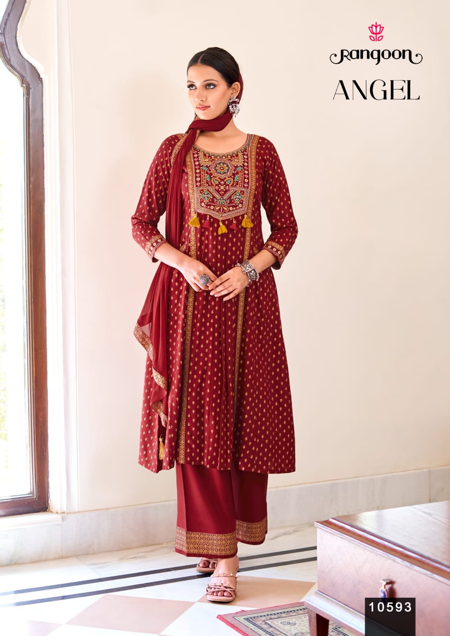 Angel Rangoon Rayon Readymade Plazzo Style Suits Wholesaler Ahmedabad