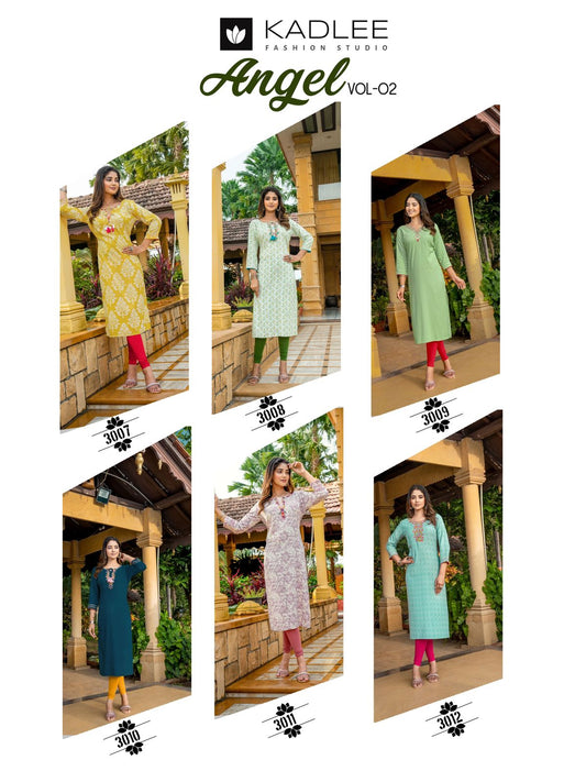 Angel Vol 2 Kadlee Rayon Long Straight Kurti Wholesaler India