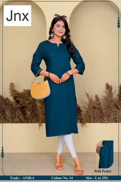Anika Pocket Jnx Rayon 22Kg Straight Cut Kurtis Manufacturer Gujarat