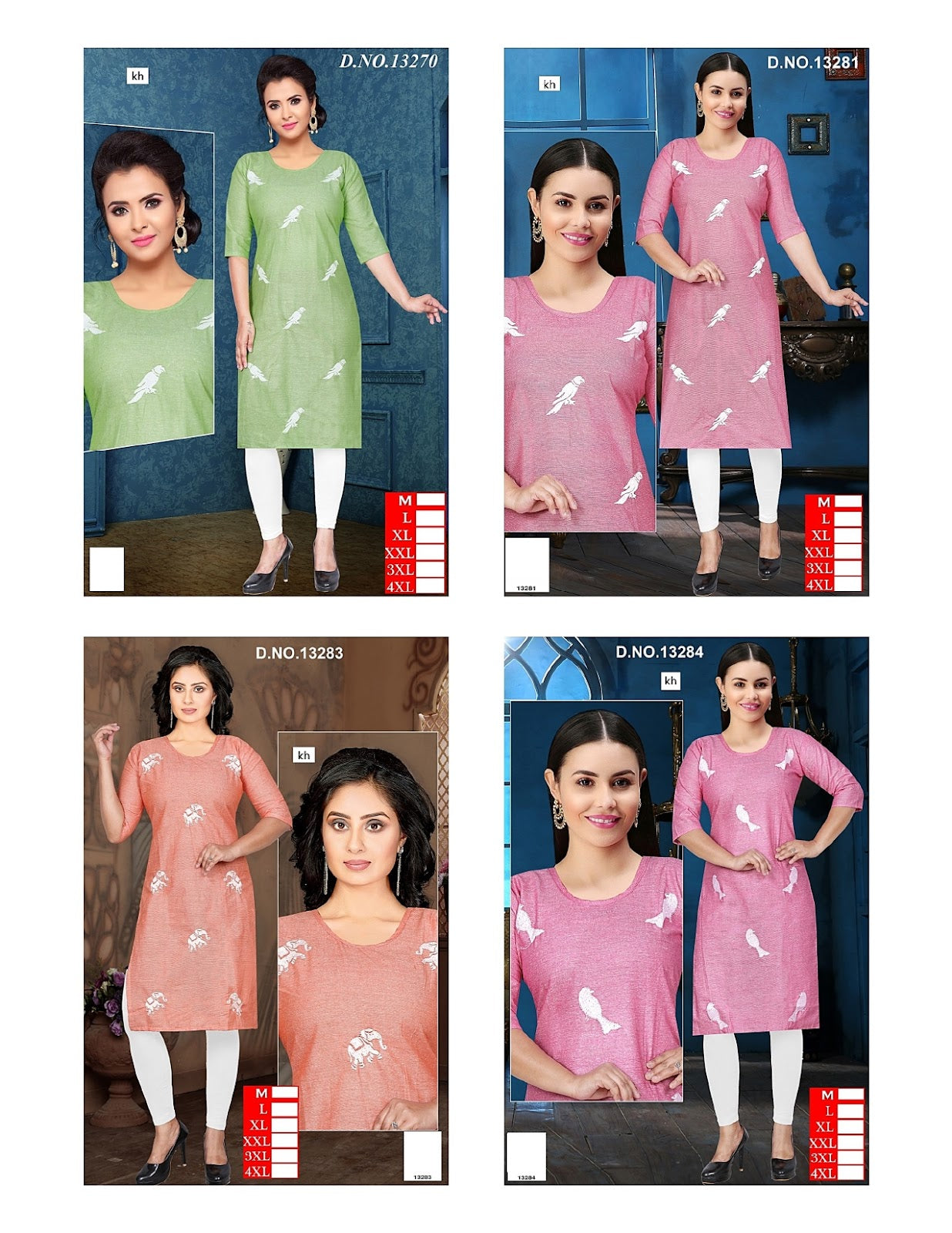 Bird Print 0905 Kh Cotton Straight Cut Kurtis Exporter Gujarat