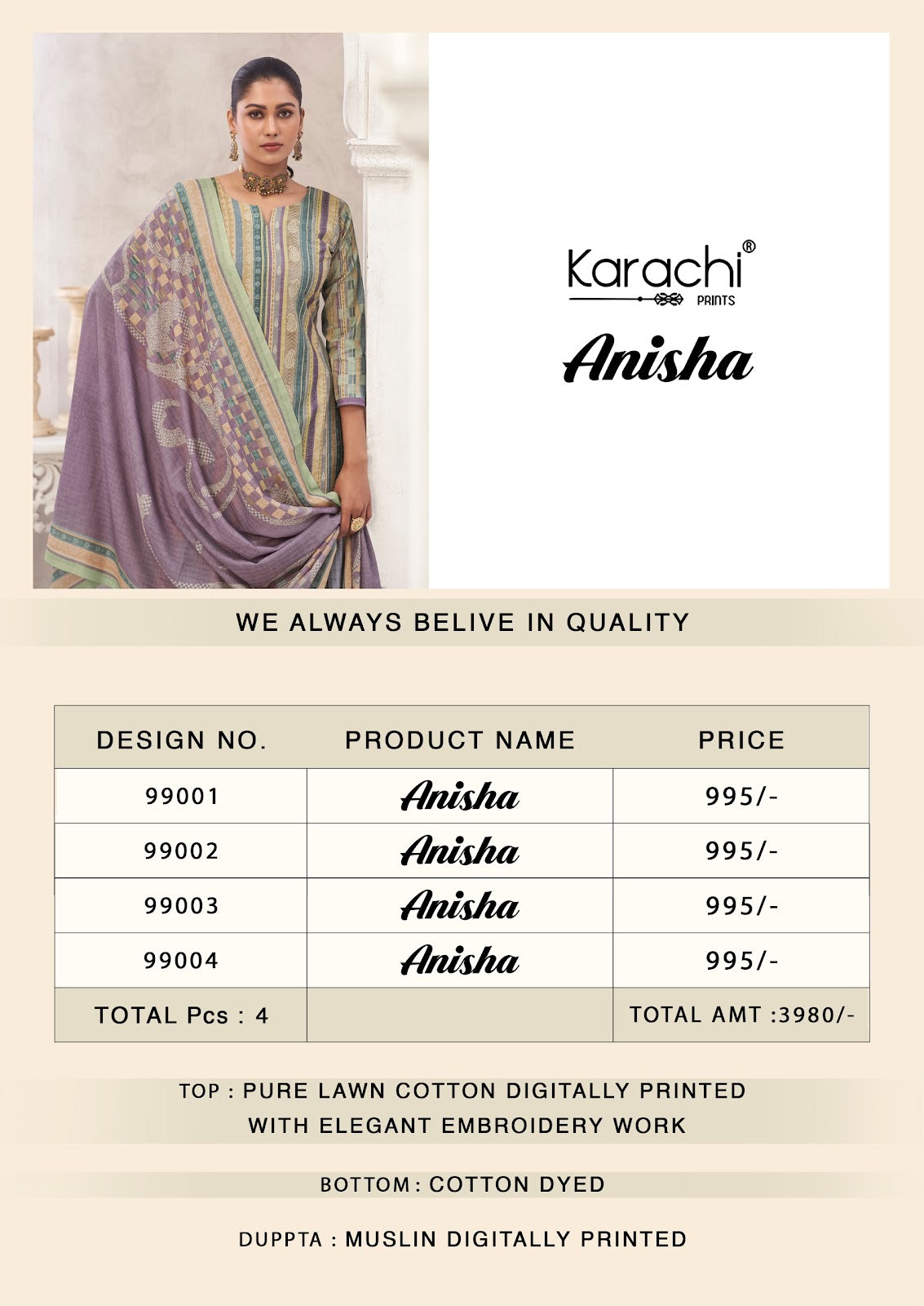 Anisha Kesar Karachi Prints Pure Lawn Pant Style Suits Exporter Gujarat