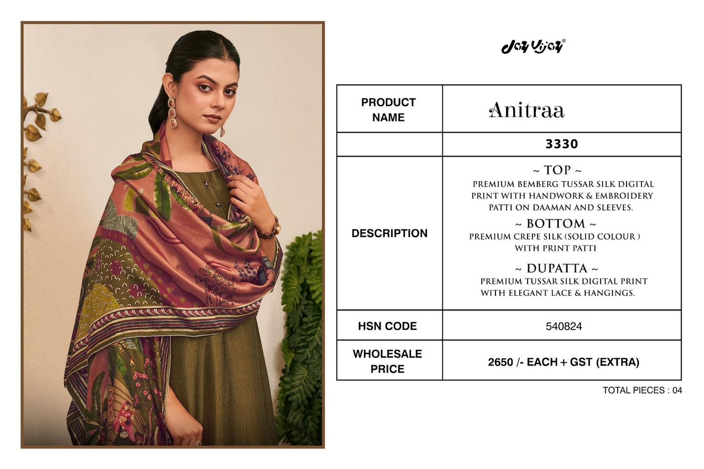 Anitraa 3330 Jay Vijay Tussar Silk Pant Style Suits Exporter