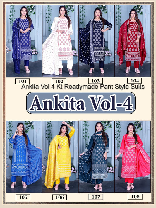 Ankita Vol 4 Kt Rayon 14Kg Readymade Pant Style Suits Supplier Ahmedabad